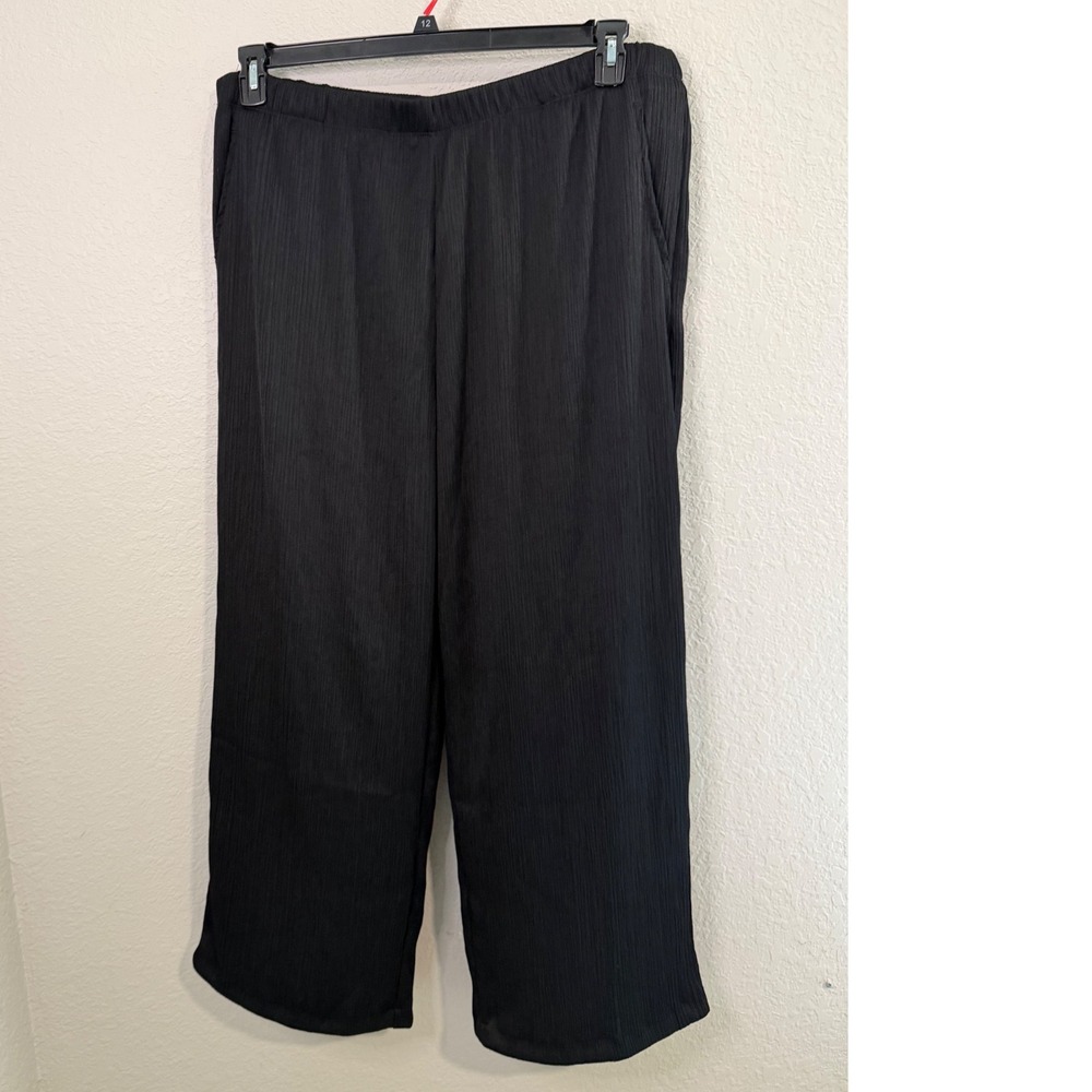 Chicos Travelers Crinkle Textured Pants Black Wide Leg Elastic Waist 4R XXL NEW